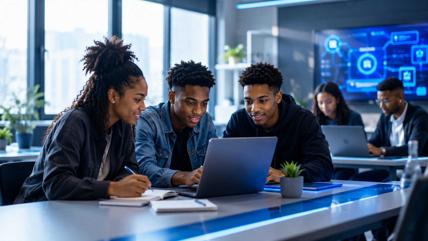 Students collaborating around a laptop in a technology class