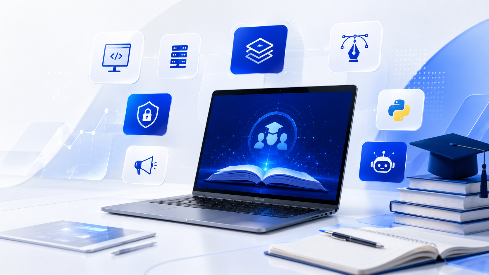 Laptop surrounded by technology learning areas