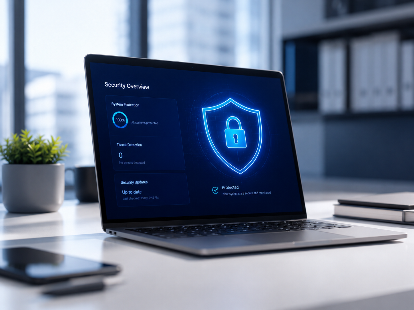 Laptop displaying a cybersecurity protection overview